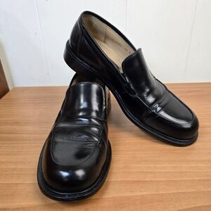 Johnston & Murphy Black Leather Apron Toe Loafers Shoes Made In Italy Mens 9.5